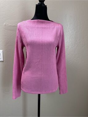 LOFT Bright Pink Ribbed Boatneck Long-Sleeve Top